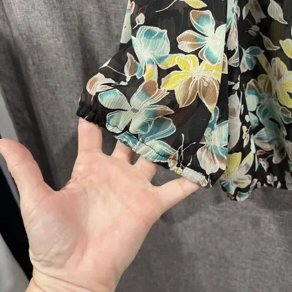 American Rag Women Sz L Black Sheer Floral Bouse Round Tie Neck Balloon Sleeve - Picture 4 of 11